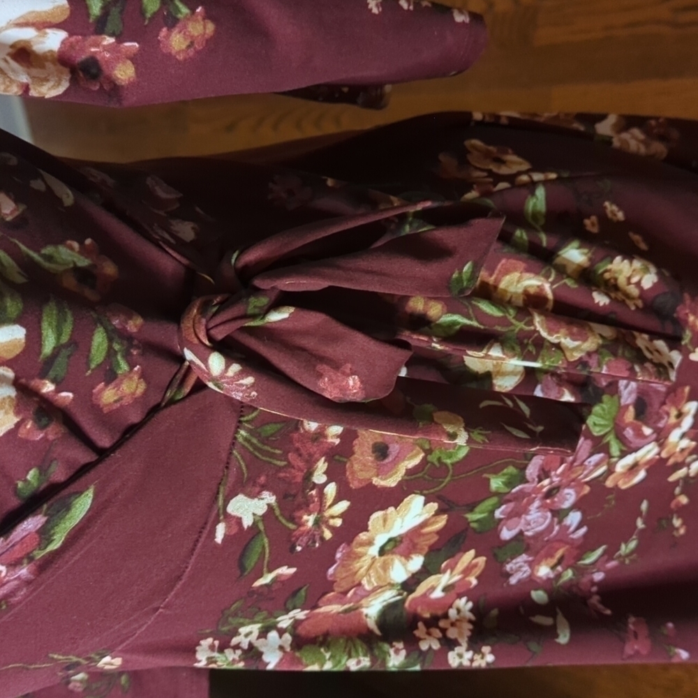 Burgundy Dress Hi low v neck knit wrap side tie Fairycore floral Feminine sz S - Picture 4 of 10